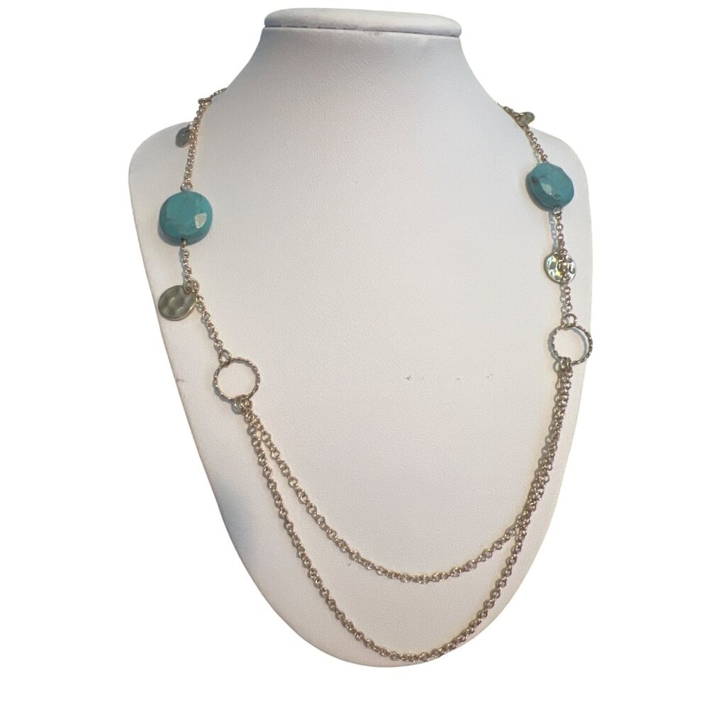 Gold Tone Necklace Front Double Chain Hammered Disc Turquoise Color Beads Adj